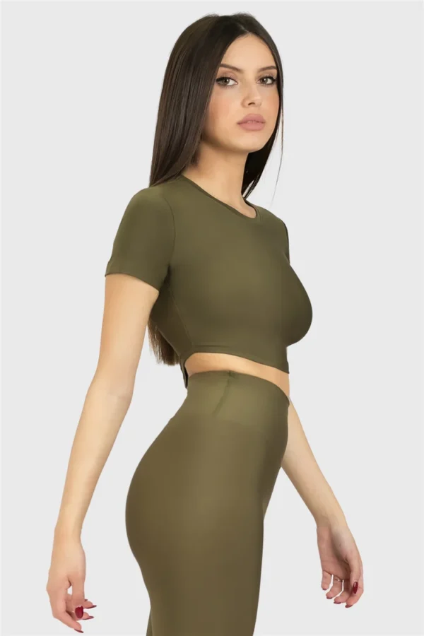 Olive Green Short Sleeve Crop Top - Image 2